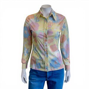 Vintage 1970s Pastel Floral Watercolor Blouse * S/M